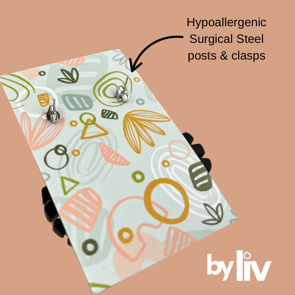 By Liv graphic showing hypoallergenic surgical steel posts and clasps.
