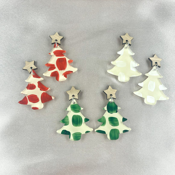 CHOOSE YOUR COLOUR: Hand Painted Christmas Tree Dangle Earrings