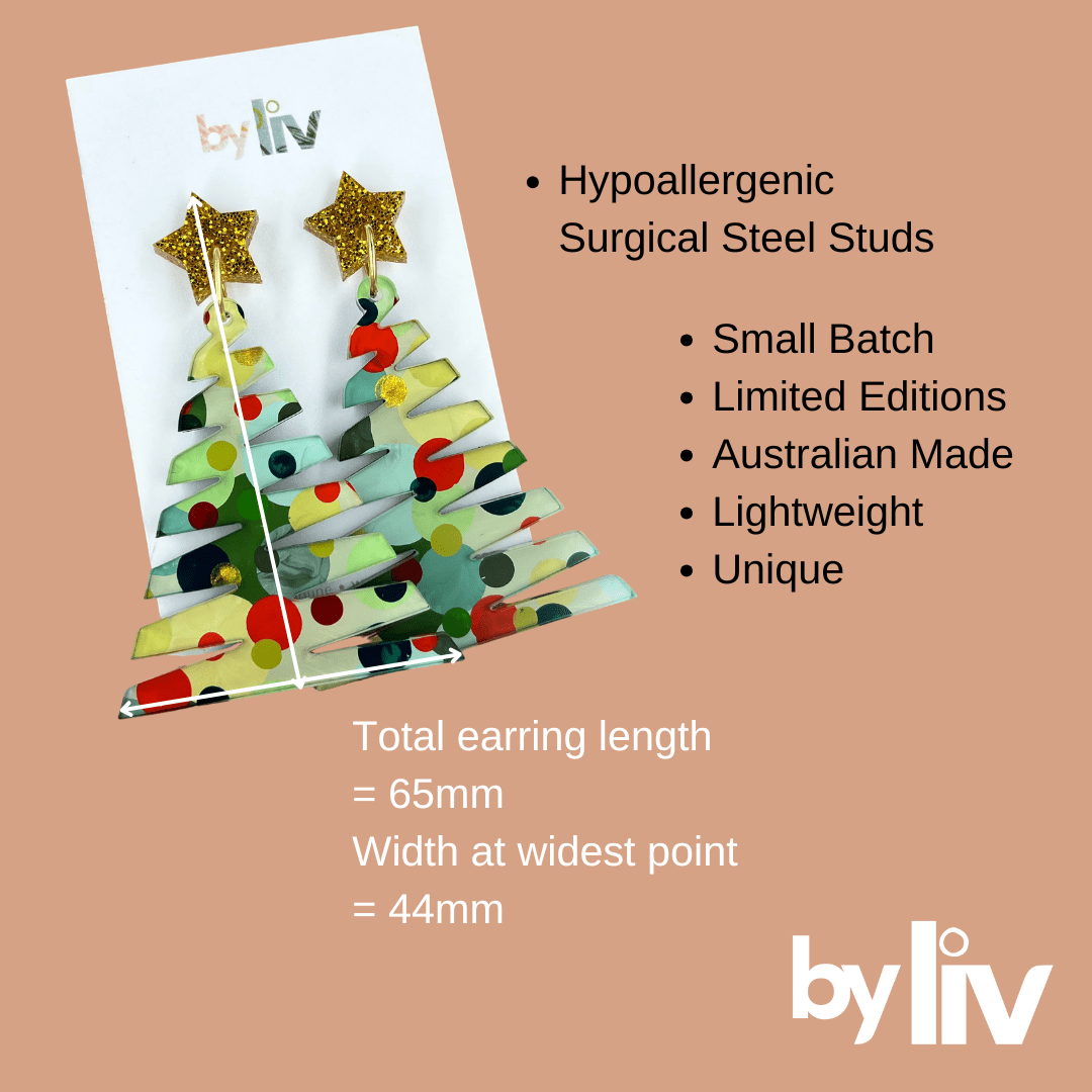 Classic Christmas Large Zig Zag Tree Earrings - Red & Gold Stars - By Liv