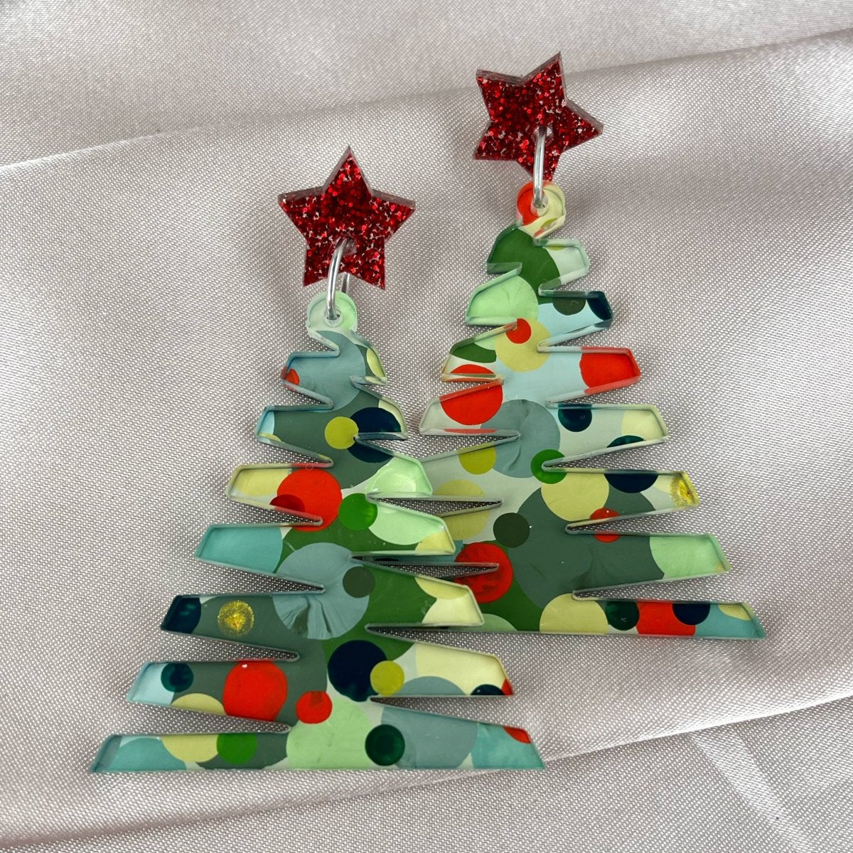 Classic Christmas Large Zig Zag Tree Earrings - Red & Gold Stars - By Liv