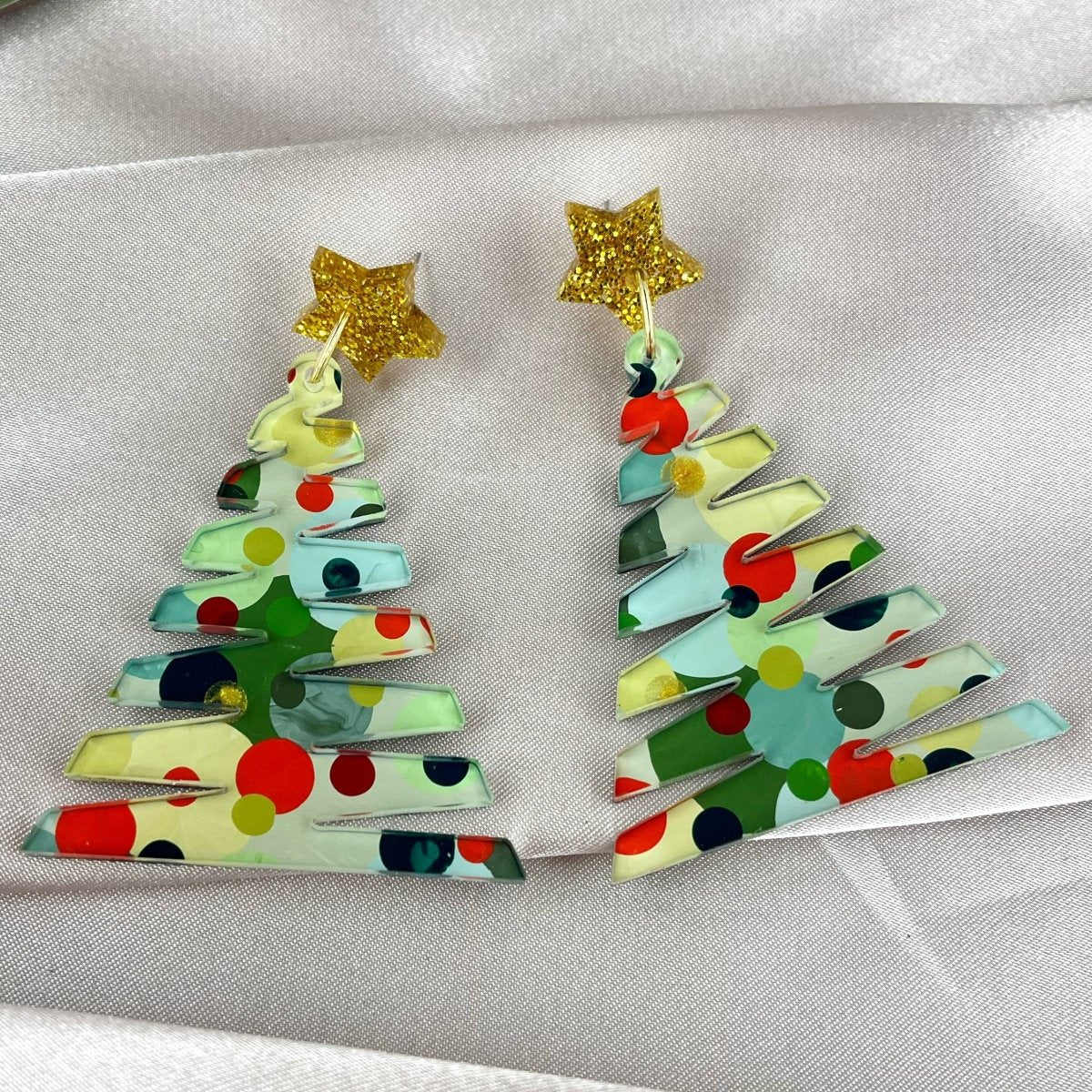 Classic Christmas Large Zig Zag Tree Earrings - Red & Gold Stars - By Liv