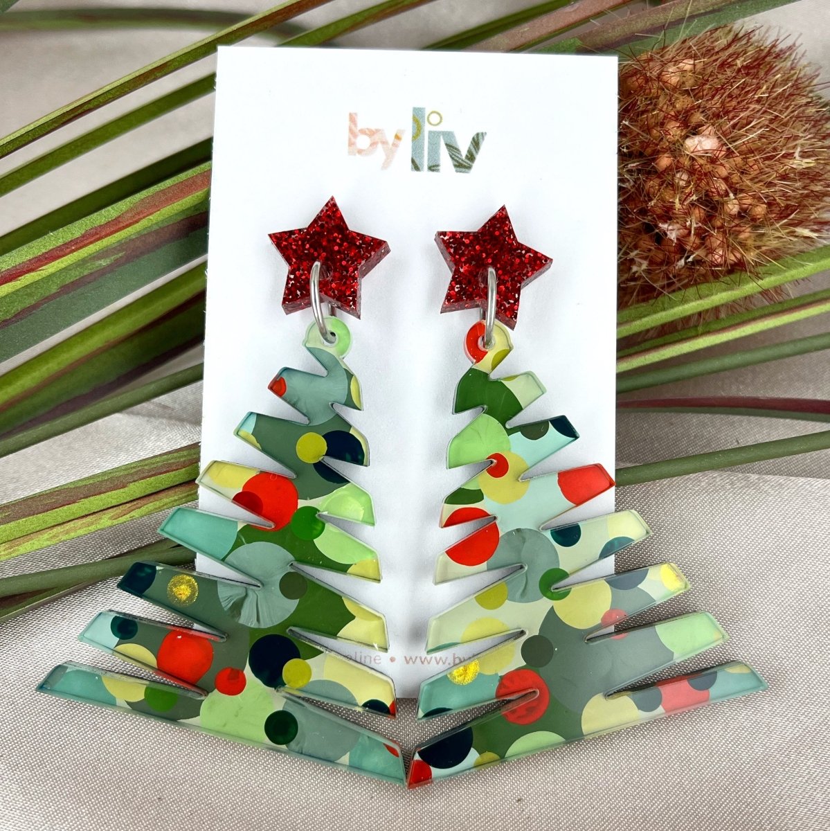 Classic Christmas Large Zig Zag Tree Earrings - Red & Gold Stars - By Liv