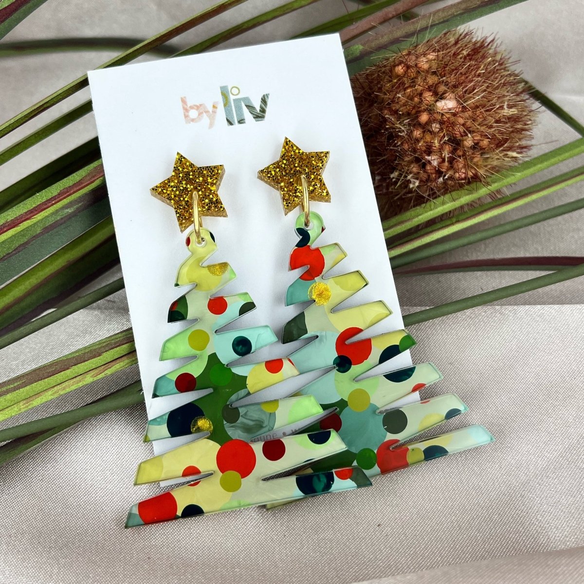 Classic Christmas Large Zig Zag Tree Earrings - Red & Gold Stars - By Liv