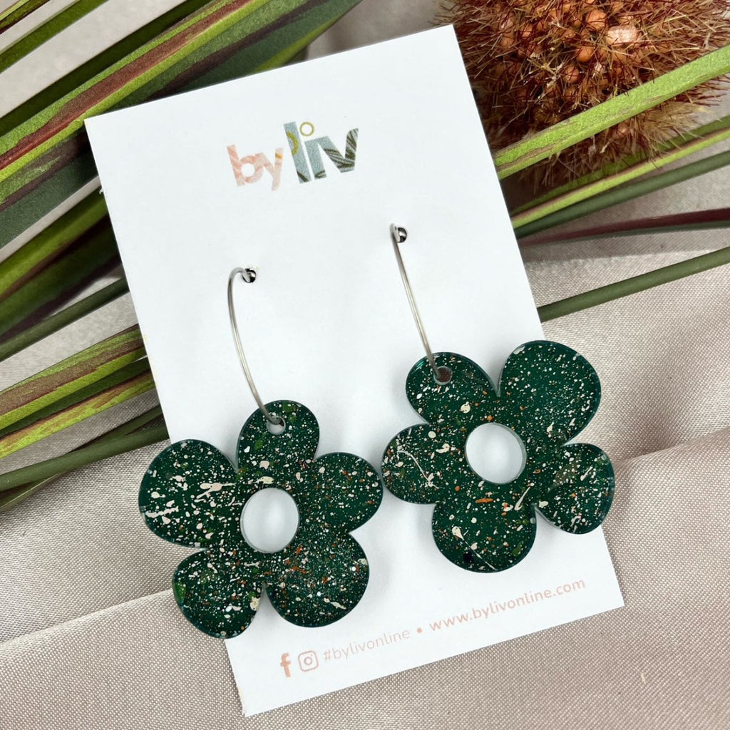Deep Forest Daisy Hoops – Limited Edition Hand Painted Acrylic Dangle Earrings - By Liv
