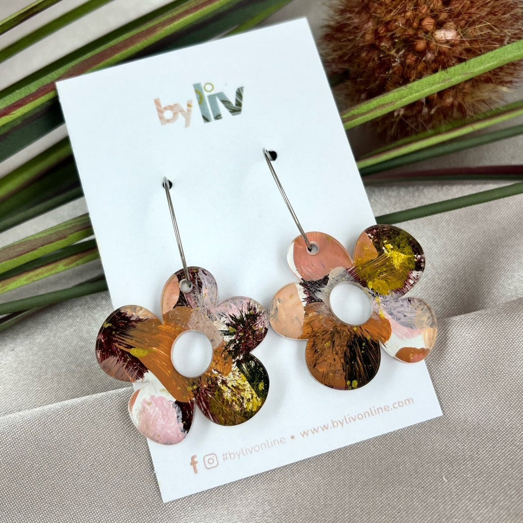 Earthy Daisy Hoops – Limited Edition Hand Painted Acrylic Dangle Earrings - By Liv