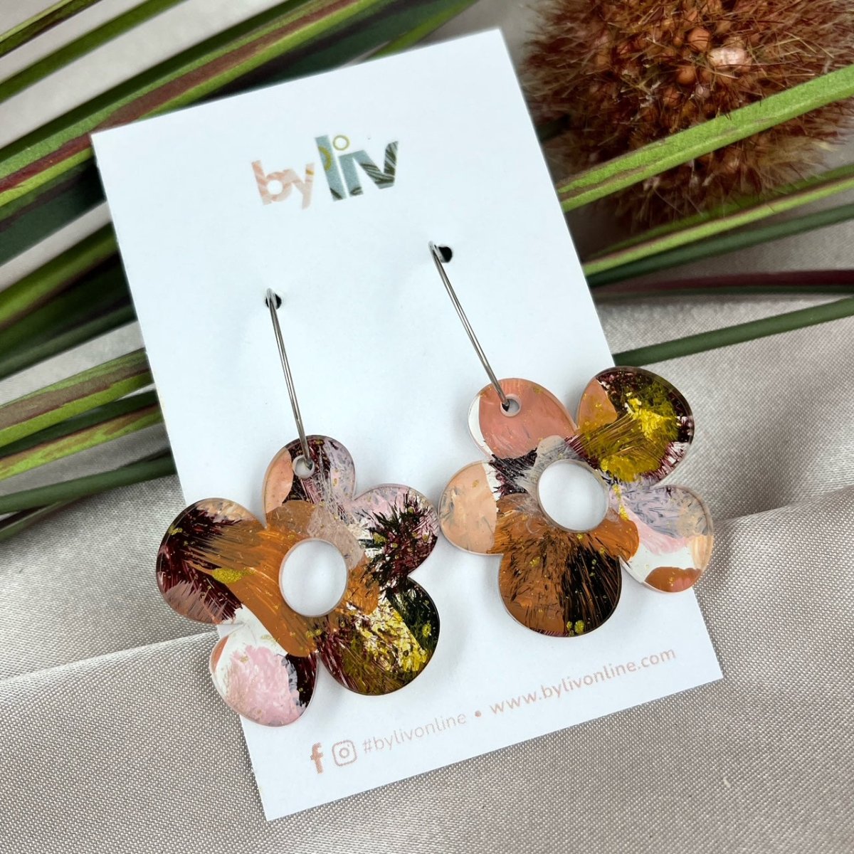 Earthy Daisy Hoops – Limited Edition Hand Painted Acrylic Dangle Earrings - By Liv