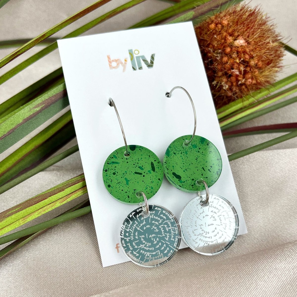 Green + Mirror Affirmation Dangles - By Liv