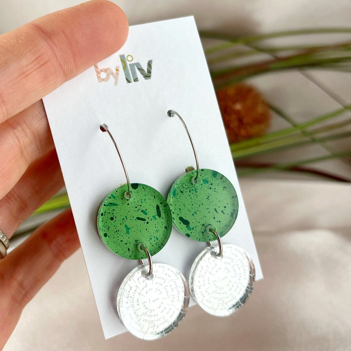 Green + Mirror Affirmation Dangles - By Liv