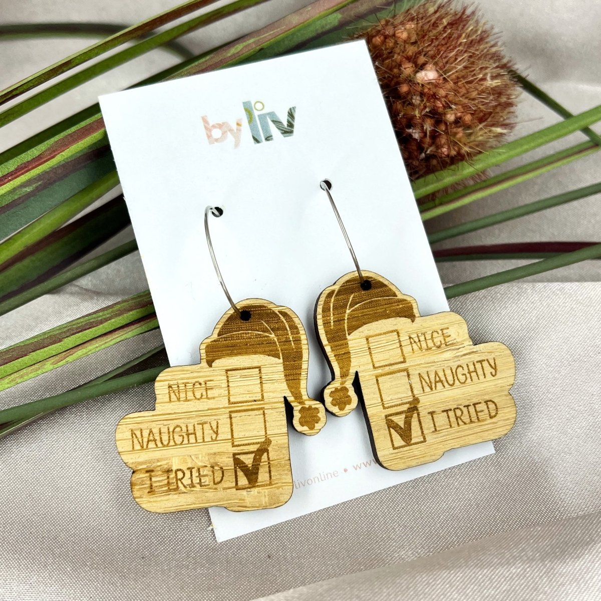 "I tried" Bamboo Christmas Earrings - By Liv