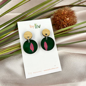 Pretty Pink on green: Small dangle earrings