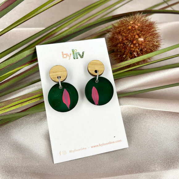 Pretty Pink on green: Small dangle earrings