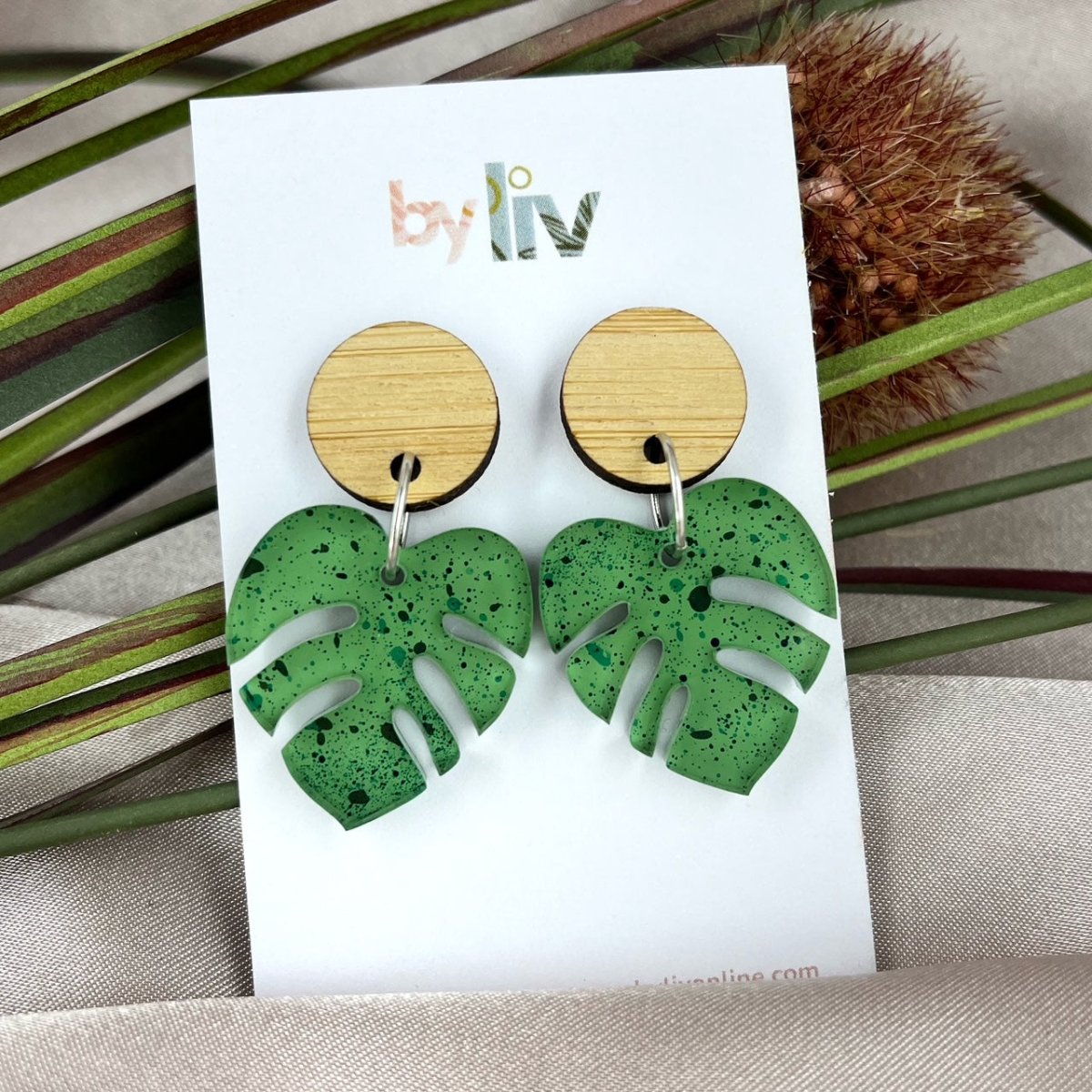 Monstera Mini Earrings – Green Speckle Acrylic - By Liv