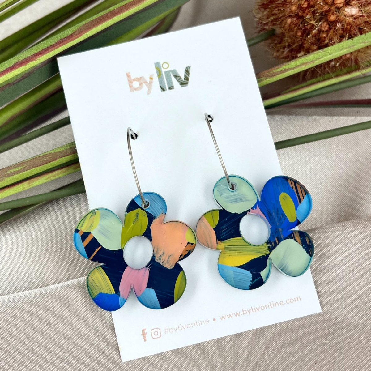 Moody Pastel Daisy Hoops – Limited Edition Hand Painted Acrylic Dangle Earrings - By Liv