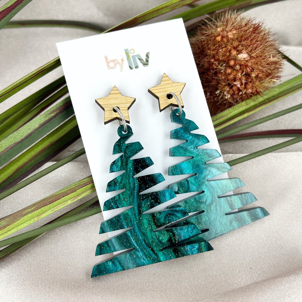 Twilight Pines – Statement Christmas Tree Earrings (Christmas Eve Aurora) - By Liv
